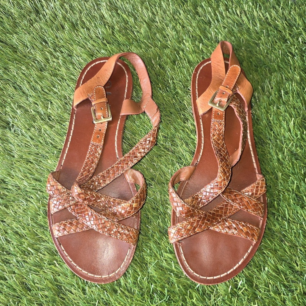 Cole Haan Sandals Women 6 Brown Leather Woven Strappy Slingback Buckle Flat - Picture 3 of 10